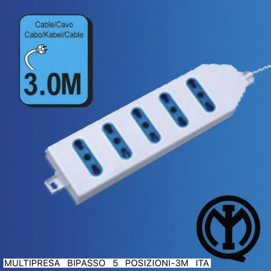 2 Pezzi Multipresa Bipasso Italiana 5 Posti con Spina 10A, Cavo Lungo 3 m, Presa Multipla per Casa e Ufficio, Colore Bianco– C-XSL2205-3M