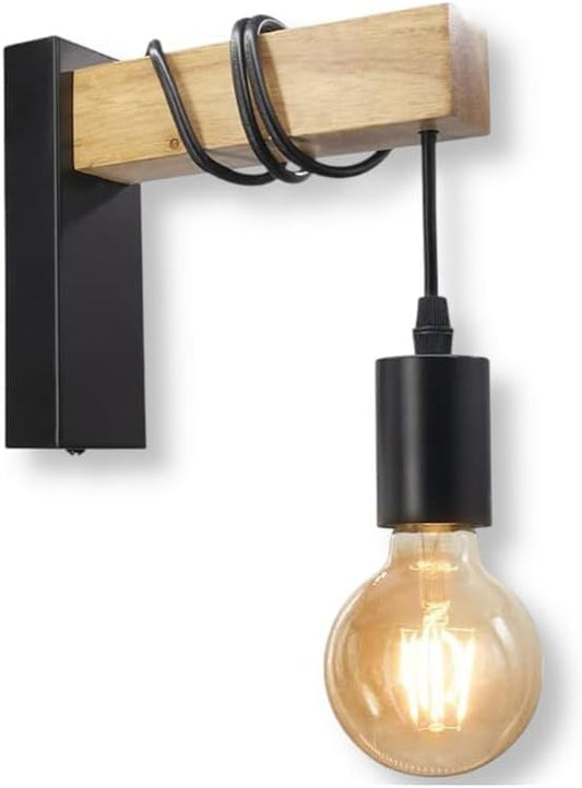 Applique da parete in legno e metallo, attacco E27, design vintage nero e legno naturale, per soggiorno, camera da letto, corridoio, 1xE27 (lampadina non inclusa) AQ64-N
