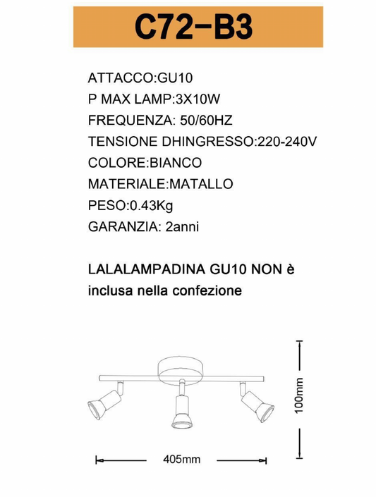 TEKHOME Faretti LED da Soffitto 3Luce Bianco - Lampada da Soffitto Orientabili Plafoniera Faretto Parete Moderna GU10 Luci da Soffitto per Soggiorno Corridoio Camera Cucina, Lampadina Non Incluse C72