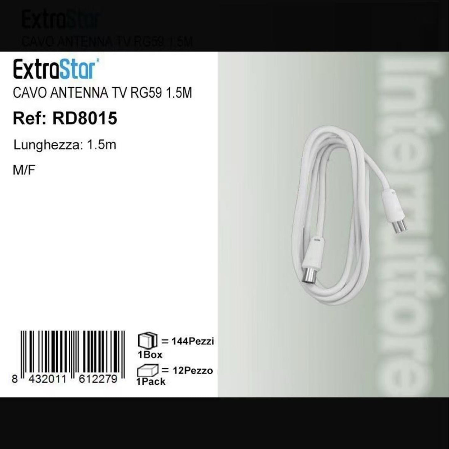 Cavo Antenna TV RG59 1,5 Metri Maschio Femmina, Set da 12 Pezzi, Cavo Coassiale per Digitale Terrestre, TV e Decoder – RD8015