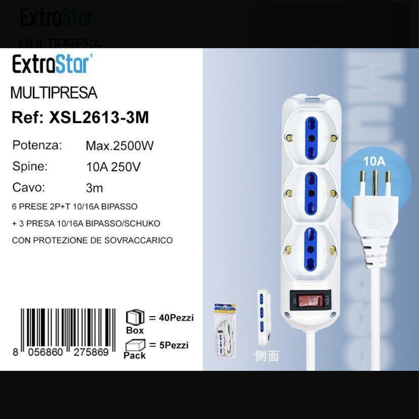 2 Pezzi Multipresa 9 Prese Bipasso/Schuko 10/16A con Protezione da Sovraccarico, Spina Italiana 10A, Cavo 3 m, Interruttore di Sicurezza, Bianca– XSL2613-3M
