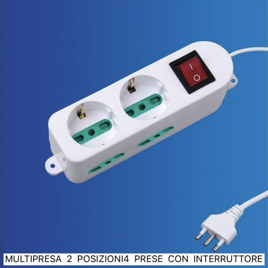 2 Pezzi Multipresa 2 Posizioni 4 Prese Bipasso 10/16A con Interruttore Luminoso, Spina Italiana Tipo L, Colore Bianca – Modello X203078