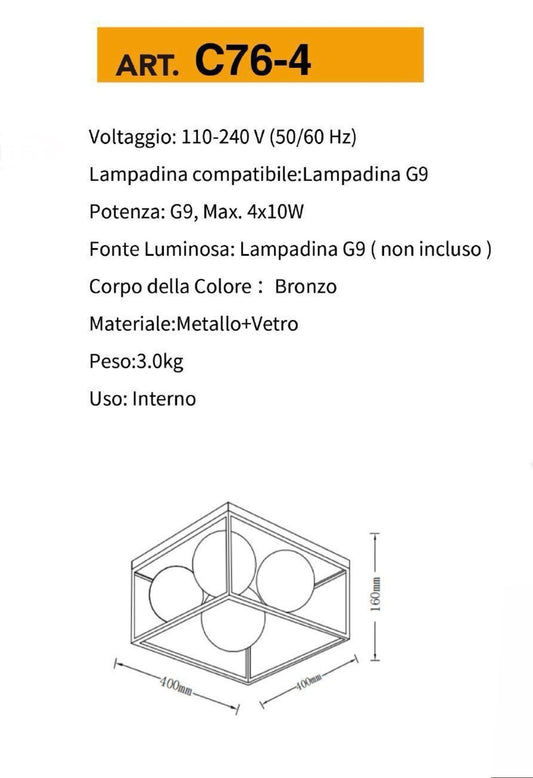 TEKHOME Plafoniera da soffitto minimalista lampada in metallo nero bronzo con 4 sfere in vetro per camera da letto G9 C76-4