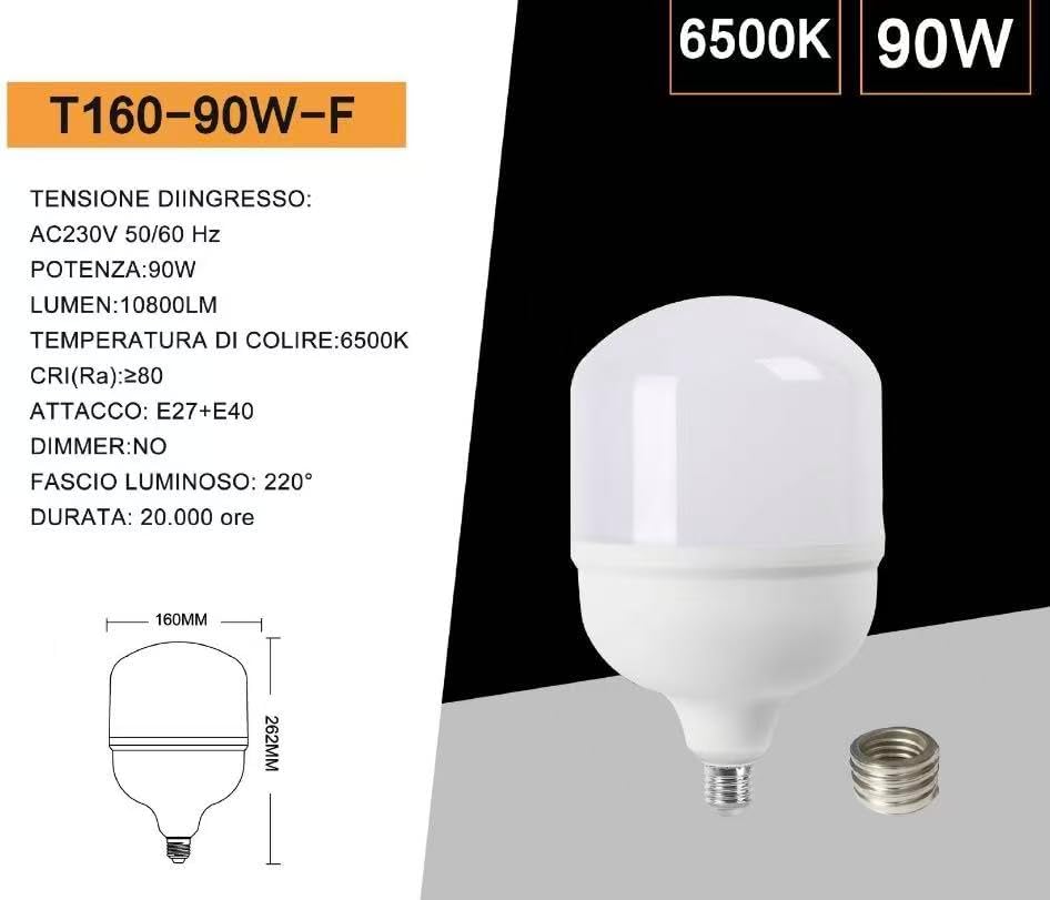 Lampadina LED E27/E40 90W 10800LM, Luce Fredda 6500K, Alta Potenza, Angolo 220°, AC230V, Non Dimmerabile, Lampadina Industriale per Magazzino Garage Officina – Confezione 6 Pezzi – T160-90W-F