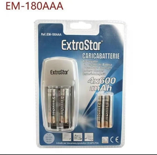 Caricabatterie con 4 Batterie Ricaricabili AAA 600mAh Ni-MH, Caricatore Compatto per Uso Domestico e Viaggio, Set Pronto all’Uso – EM-180AAA