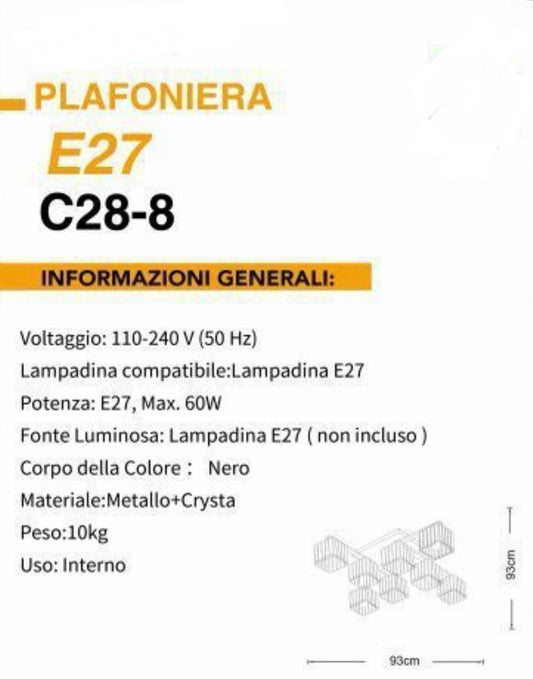 TEKHOME Lampadario da Soffitto 8 Luci E27, Stile Moderno Quadrato in Cristallo, Attacco E27 Max 60W, Struttura in Metallo Nero, Senza Lampadine, per Soggiorno Sala da Pranzo Interni C28-8