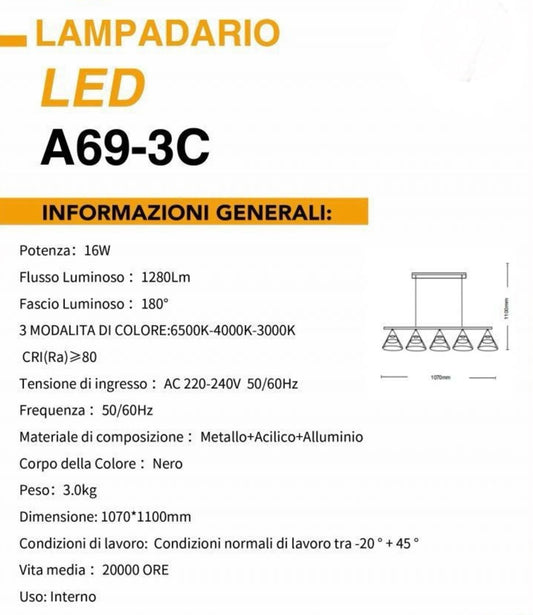 Lampadario LED a Sospensione Nero 36w A69-3C
