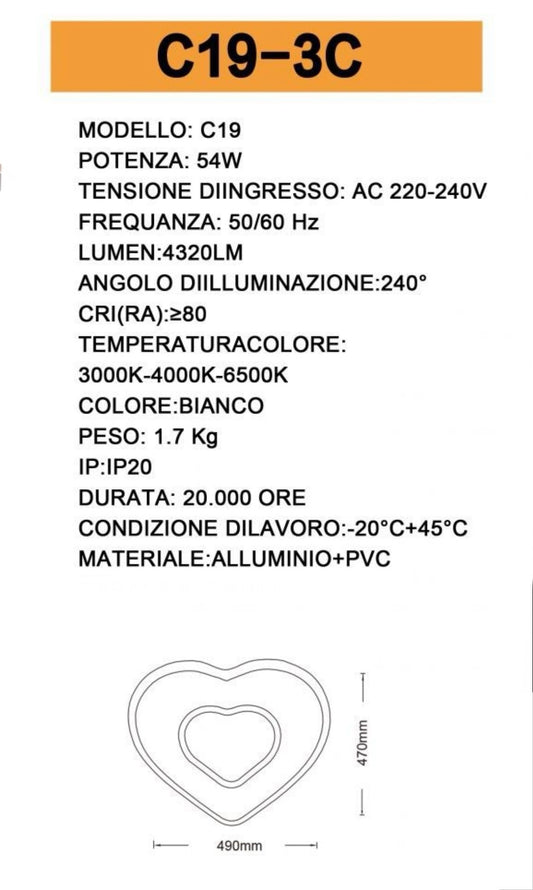 TEKHOME Plafoniera LED a Forma di Cuore 54W, 3 Colori Selezionabili, Lampada da Soffitto Decorativa Moderna, Senza Telecomando, per Camera da Letto Soggiorno Corridoio - Bianco C19-3C