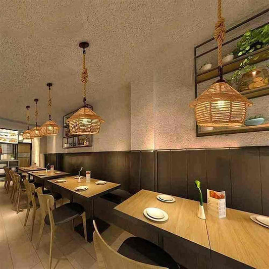 Lampadario a sospensione con paralume a cono in corda di canapa stile vintage retrò lampada attacco E27 cucina soggiorno A54