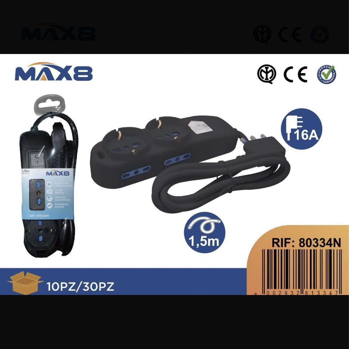 2 Pezzi Multipresa Universale 16A Nera con Interruttore Luminoso, 4 Prese Bipasso 10/16A, Cavo Prolunga 1,5 m, Uso Domestico e Ufficio – RIF 80334N