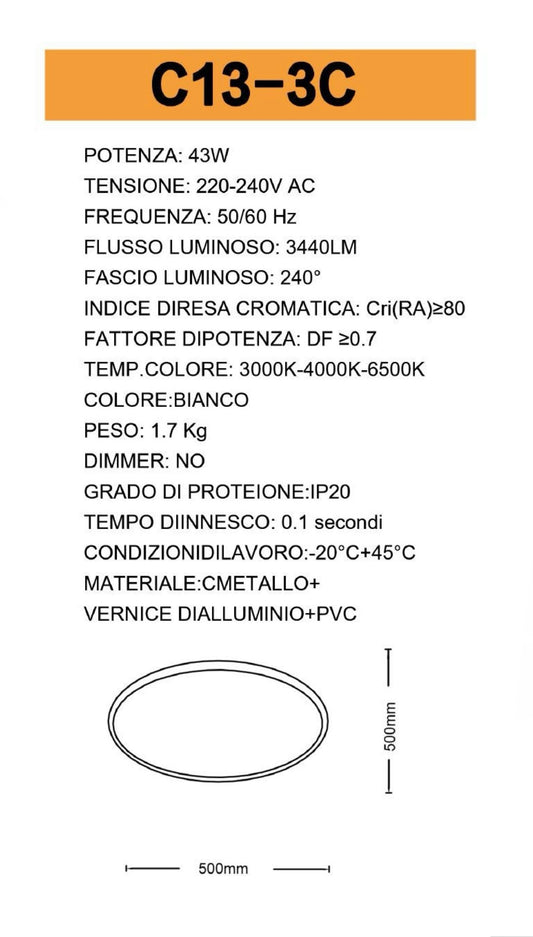 TEKHOME Plafoniera 3 Colori Ø50cm - Plafoniera Senza Telecomando per Soggiorno, Corridoio, Camera da Letto C13-3C