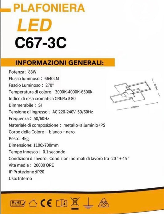 TEKHOME Plafoniera LED Geometrica 83W, 6640 lm, 3000K–4000K–6500K, Dimmerabile, CRI>80, Fascio 270°, IP20, Bianco/Nero, 110×70 cm, Modello C67-3C