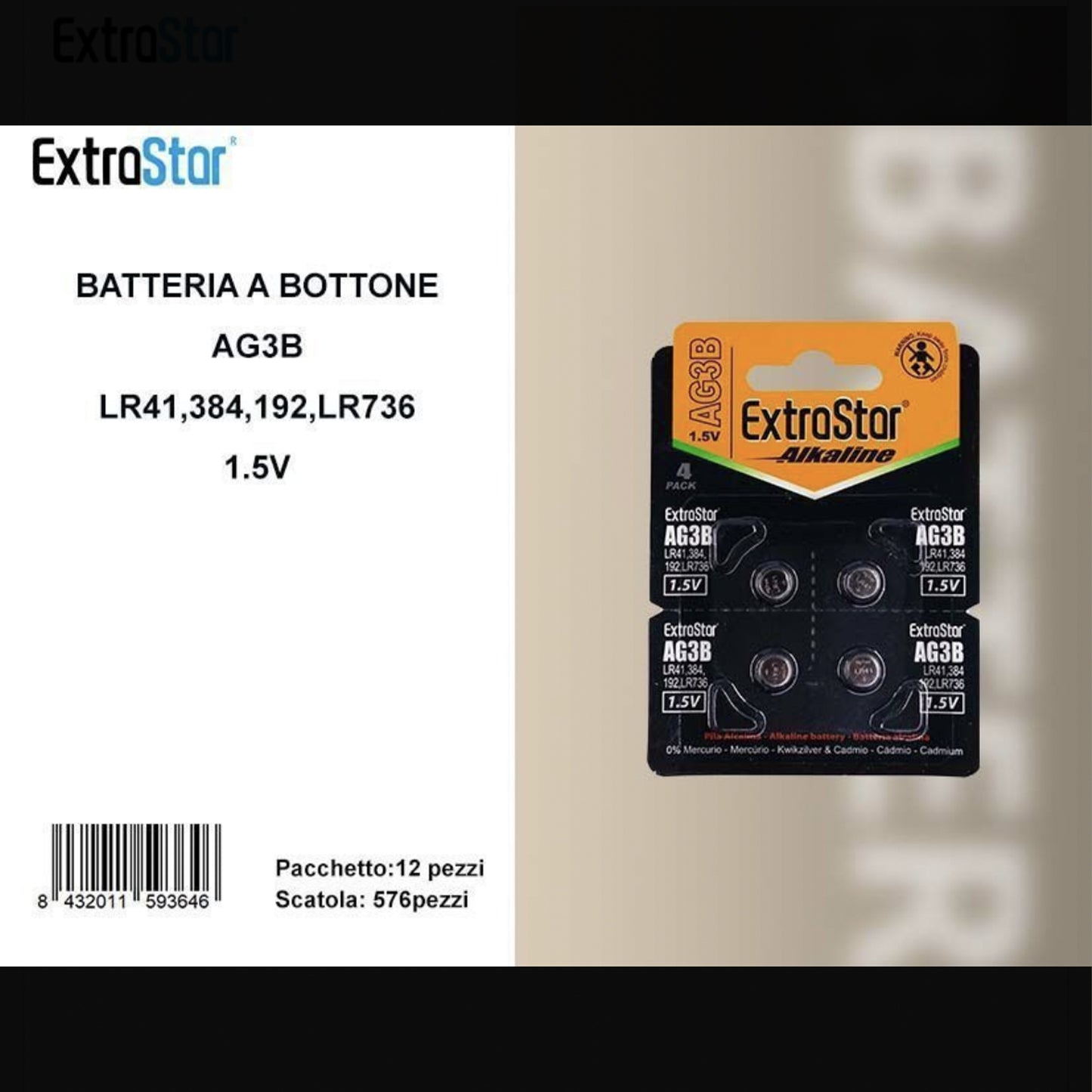 Pile a Bottone AG3 1.5V Alcaline – Batterie Equivalenti LR41 384 192 LR736 – per Orologi, Giocattoli e Dispositivi Elettronici – Confezione da 12 Pack – AG3B