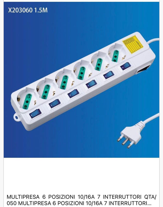 2 Pezzi Multipresa Italiana 6 Posti Bipasso 10/16A con Interruttori Singoli, Presa Multipla con Controllo Individuale, Spina 16A, Cavo 1,5 m, Bianco– C-X203060