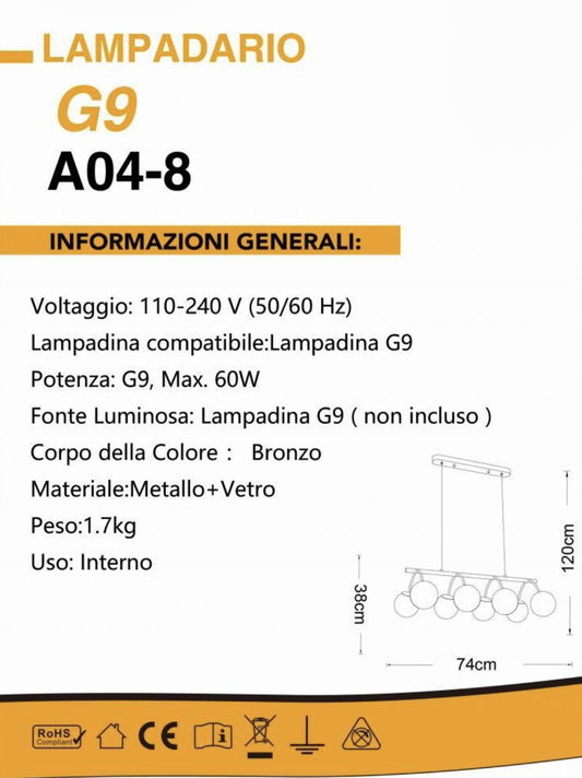 TEKHOME Lampadario da Soffitto Moderno 8XG9, Bronzo, Lampada a Sospensione Design Elegante per Sala da Pranzo, Soggiorno, Camera da Letto – Struttura in Metallo e Vetro, 74cm A04-8