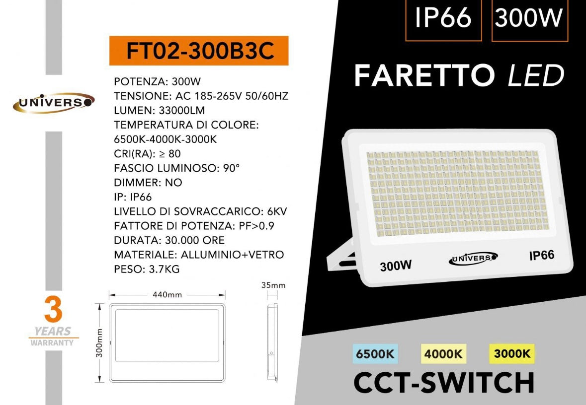 Faro LED Esterno 300W IP66 – Proiettore LED con CCT Switch 3000K 4000K 6500K, Alta Luminosità 33000lm, Impermeabile per Giardino Cortile Magazzino FT02