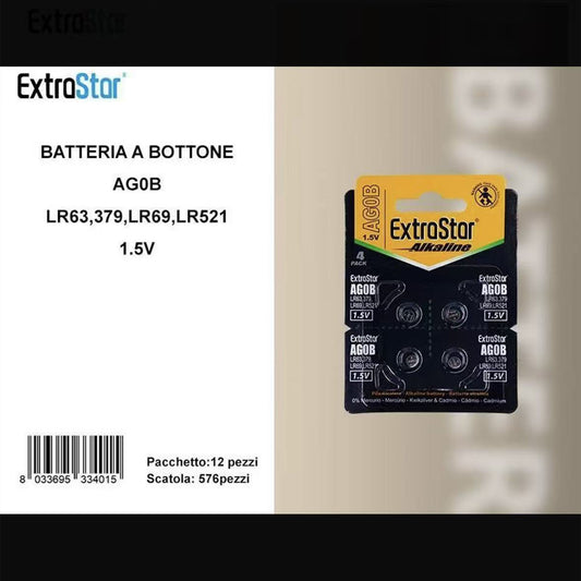 Pile a Bottone AG0B 1.5V Alcaline – Equivalenti LR63 LR69 LR521 – Batterie per Orologi, Calcolatrici e Dispositivi di Precisione – Confezione da 12 Pack – AG0B