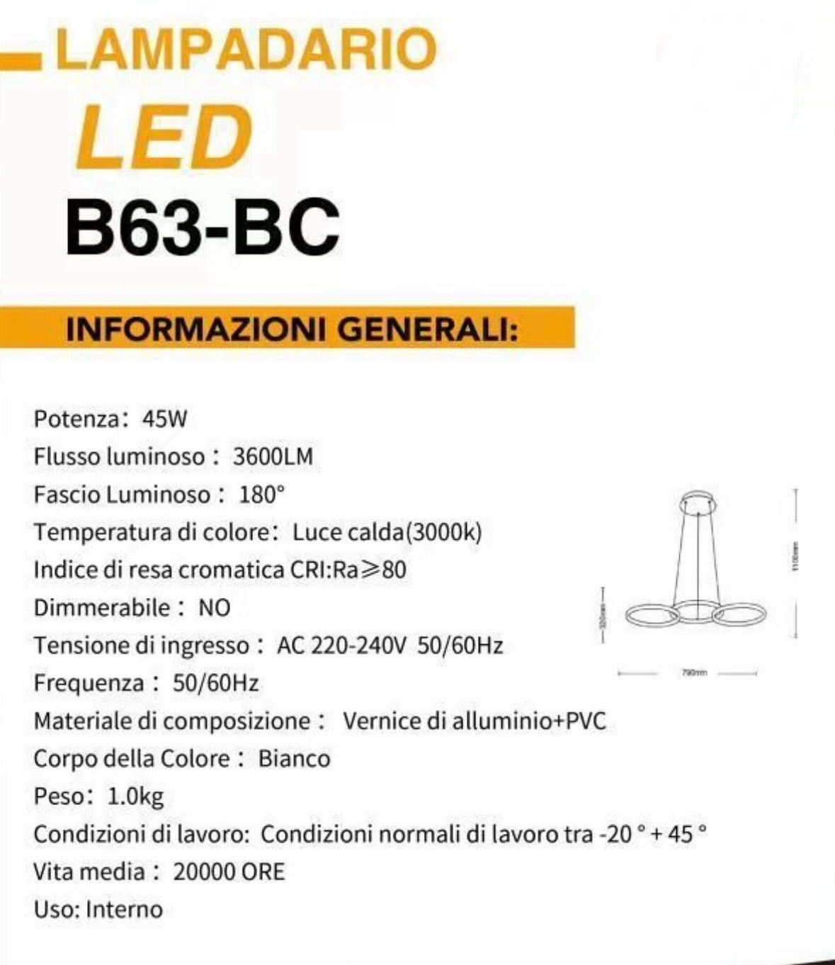 Lampadario a Sospensione LED 3 Cerchi 45watt B63