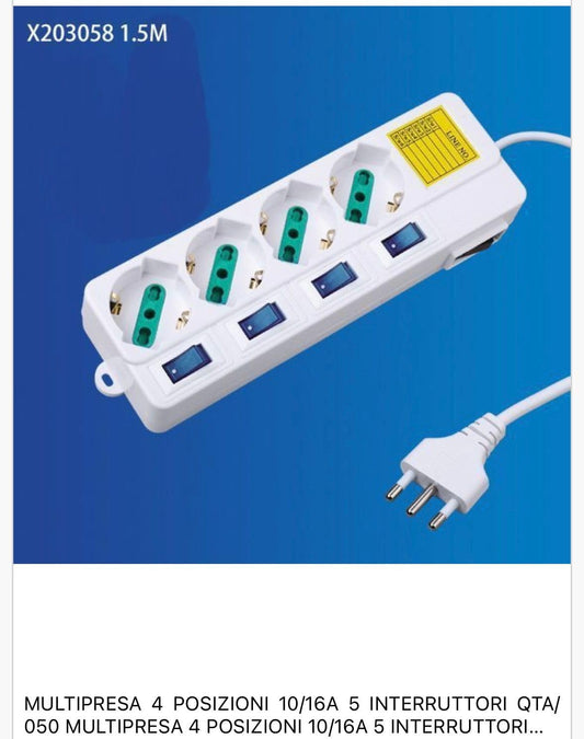 2 Pezzi Multipresa Italiana Bipasso 10/16A 4 Posti con Interruttori Singoli, Spina 16A, Cavo 1,5 m, Presa Multipla con Controllo Individuale, Colore Bianco– C-X203058