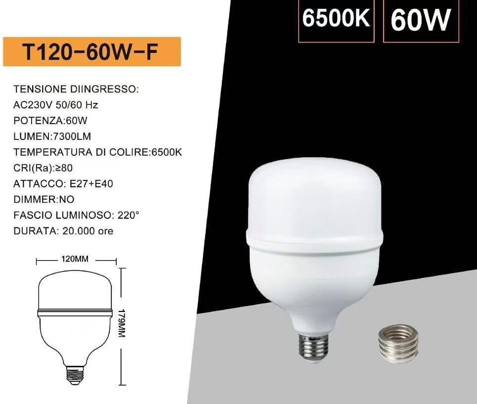 Lampadina LED E27/E40 60W 7300LM, Luce Fredda 6500K, Alta Luminosità, Angolo 220°, AC230V, Non Dimmerabile, Lampadina LED Industriale per Magazzino Garage Officina – Confezione 12 Pezzi – T120