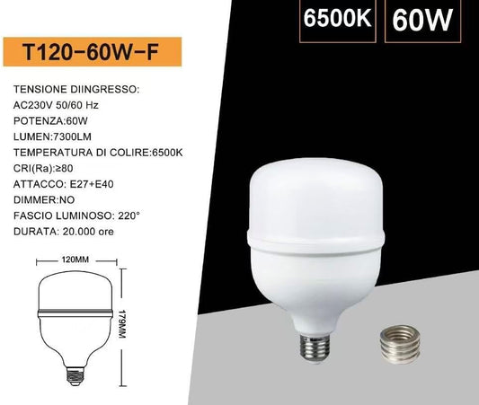 Lampadina LED E27/E40 60W 7300LM, Luce Fredda 6500K, Alta Luminosità, Angolo 220°, AC230V, Non Dimmerabile, Lampadina LED Industriale per Magazzino Garage Officina – Confezione 12 Pezzi – T120