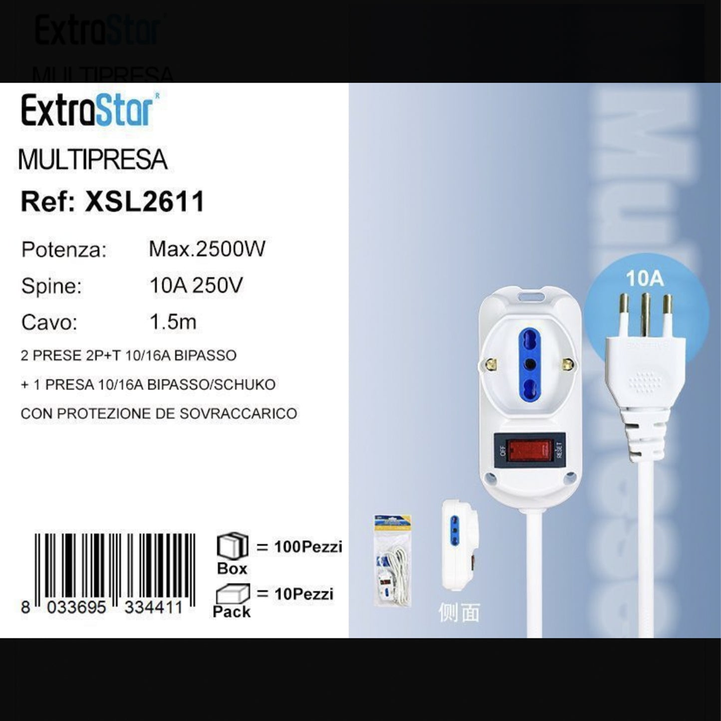 2 Pezzi Multipresa Bipasso e Schuko 10/16A, con Protezione da Sovraccarico, Spina Italiana 10A, Interruttore ON/Off, Cavo 1,5 m, Bianca– XSL2611