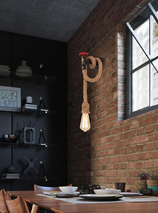 Applique da parete lampada a muro in corda di canapa e ferro con portalampada E27 a forma di rubinetto E29