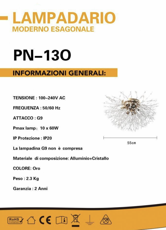 TEKHOME Lampadario Camera Da Letto Moderni, Oro/Argento, Plafoniera soffitto con cristalli di fuochi d'artificio, 10X G9, Lampade a sospensione pre Soggiorno, Cameretta PN-13