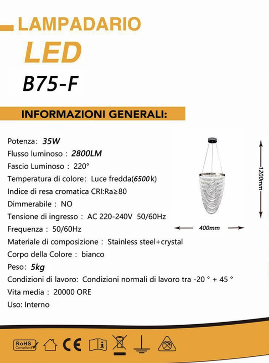 TEKHOME Lampadario Moderno a LED con Cristalli, 35W 2800LM Luce Fredda 6500K, Sospensione da Soffitto in Acciaio Inox e Cristallo per Interni, 220-240V B75-F