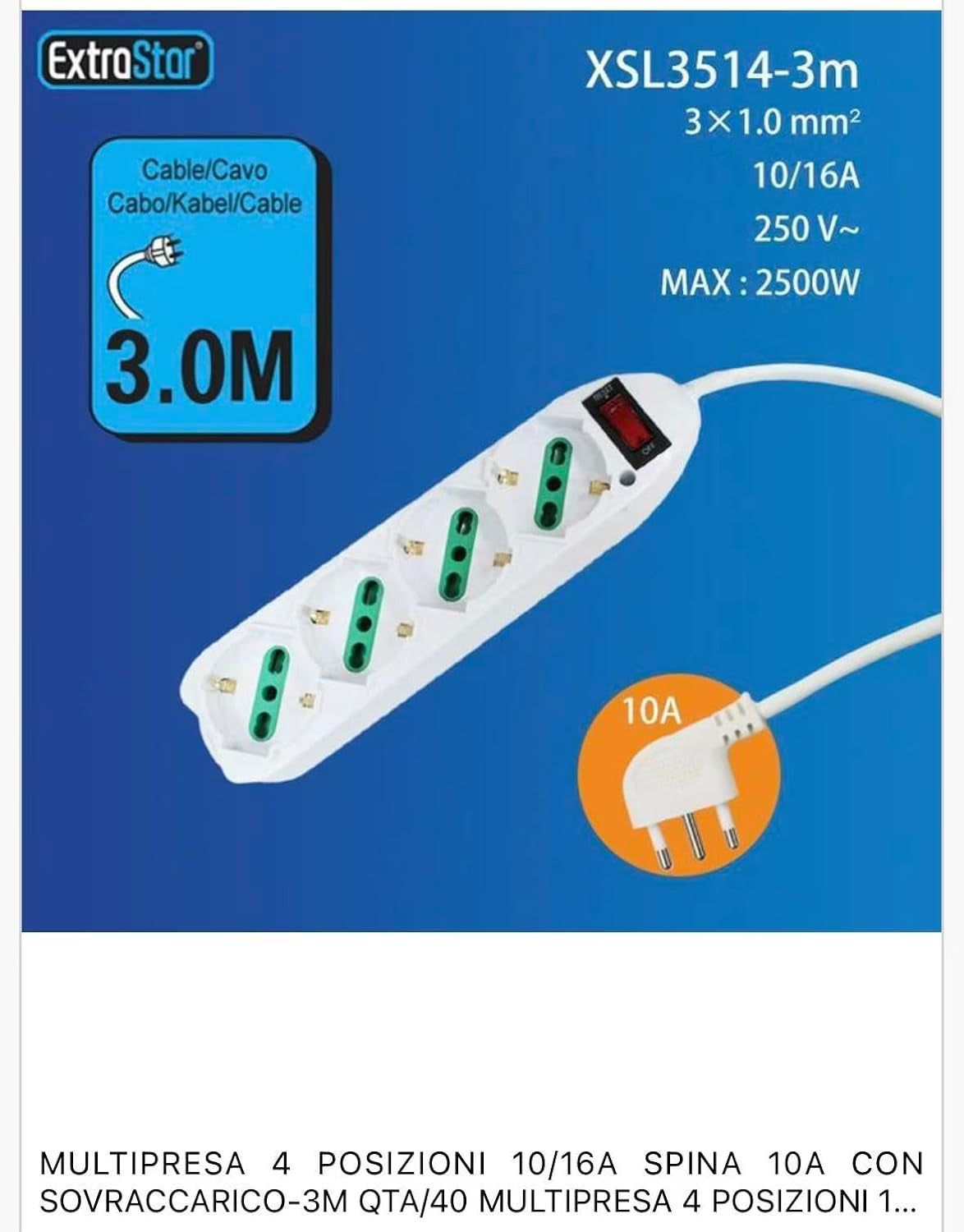 2 Pezzi Multipresa Italiana con Interruttore e Protezione da Sovraccarico, 4 Prese Bipasso 10/16A, Spina 10A Tipo L, Cavo 3 Metri, Bianca– C-XSL3514-3M