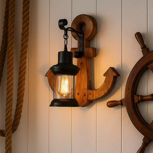 TEKHOME Applique da Muro Vintage in Legno a Forma di Ancora, Portalampada E27, Design Industriale Rustico con Vetro, Lampada da Parete Interni per Ristorante, Soggiorno e Corridoio – Modello E54
