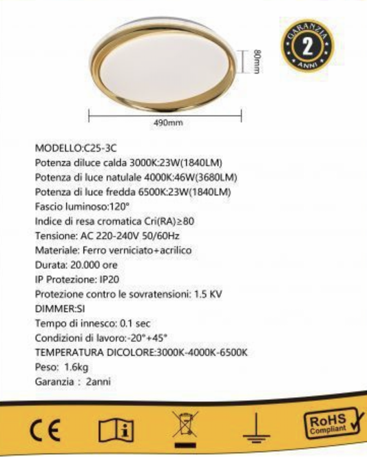 TEKHOME Plafoniera LED Soffitto Dimmerabile 46W Ø49cm, 3000-6500K Luce Calda/Naturale/Fredda, Moderna in Ferro e Acrilico, Lampada da Soffitto per Camera da Letto/Soggiorn C25-3C
