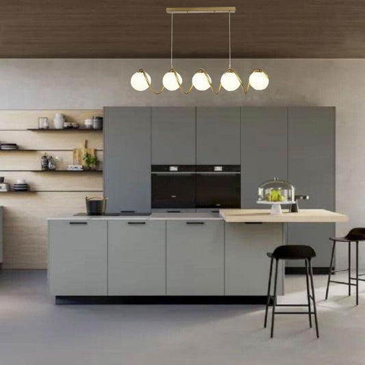 Lampadario a sospensione lampada moderna da soffitto con corpo in metallo color bronzo e sfera in vetro attacco per lampadina G9 (Oro, 5 sfere struttura twister) B96