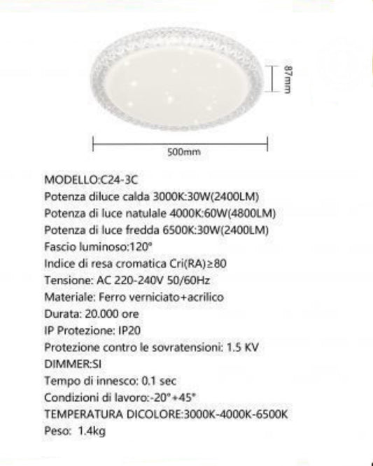 TEKHOME Lampadario da Soffitto LED 46W Dimmerabile, 3 Colori Selezionabili, Plafoniera Moderna in Acrilico, con Protezione Sovratensione, per Camera Soggiorno Corridoio - BIANCO C24-3C