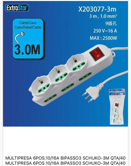 2 Pezzi Multipresa Italiana con Interruttore, 3 Prese Schuko con 6 Ingressi Bipasso 10/16A, Cavo 3 m, Spina Tipo L 16A, Max 2500W, Bianca– C-X203077-3M