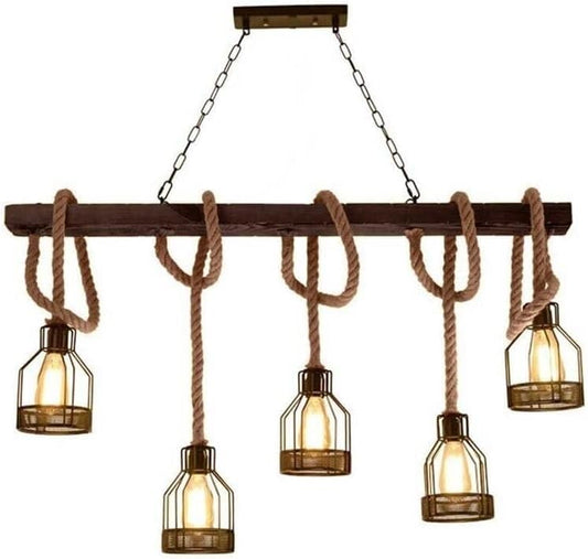 Lampadario 5 portalampada in corda di canapa metallo e27 country vintage a91-5