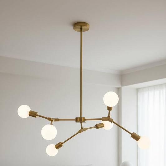 Lampadario Moderno a 6 Luci E27, Design Bracci Regolabili, Metallo Oro, Ideale per Soggiorno Cucina Camera da Letto – A45-6