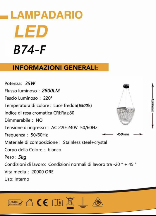 TEKHOME Lampadario a Sospensione con Cristalli, Lampadario LED Soffitto 35W 2800LM, Luce Fredda 6500K, Acciaio Inox Bianco, per Soggiorno Sala da Pranzo B74-F