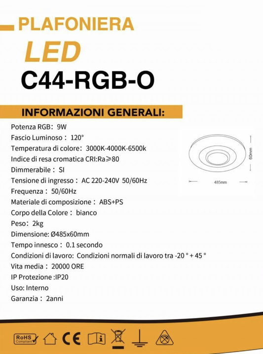 TEKHOME Plafoniera LED Smart, 9W RGB + 9W Bianco (3000K-6500K), Dimmerabile con APP e Telecomando, Contrololo Bluetooth, Luce Colorata per Interni, IP20, Ø485mm, Bianco C44-RGB-O