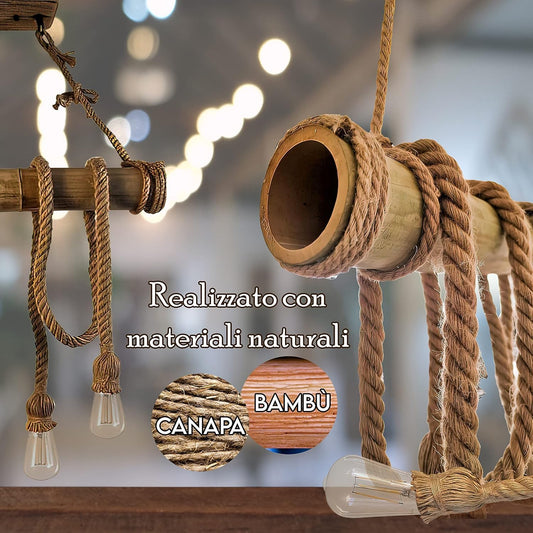 Lampadario Vintage Retro in Corda di Bambù con 4 Teste a Sospensione, Lampadario Corda Canapa Industriale 40W E27 per Cucina Soggiorno Sala da Pranzo Bar Caffè Ristorante Pizzeria Locale B23