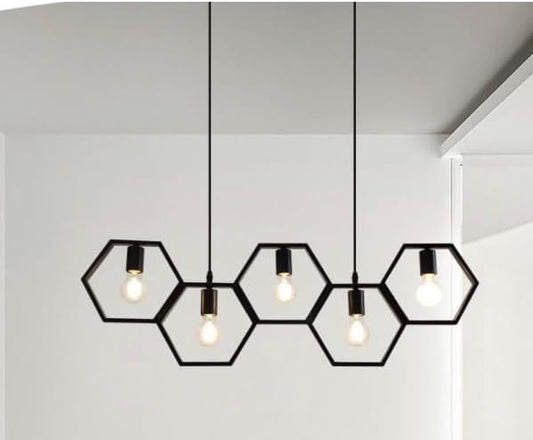 Lampadario Moderno a Sospensione in Ferro verniciato finish opaco 5 Attacchi per Lampadine 5xE27, Potenza max 1x60W 92x30 cm lunghezza filo 140 cm (Nero 5 Esagoni) LP-89N