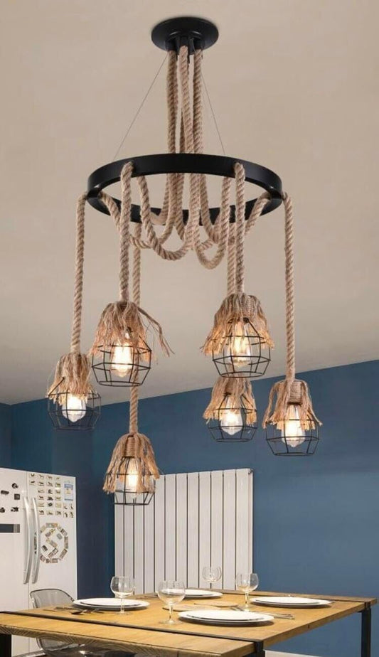 Lampadario sospensione corde in canapa cerchio metallo vintage portalampada e27 A90-6