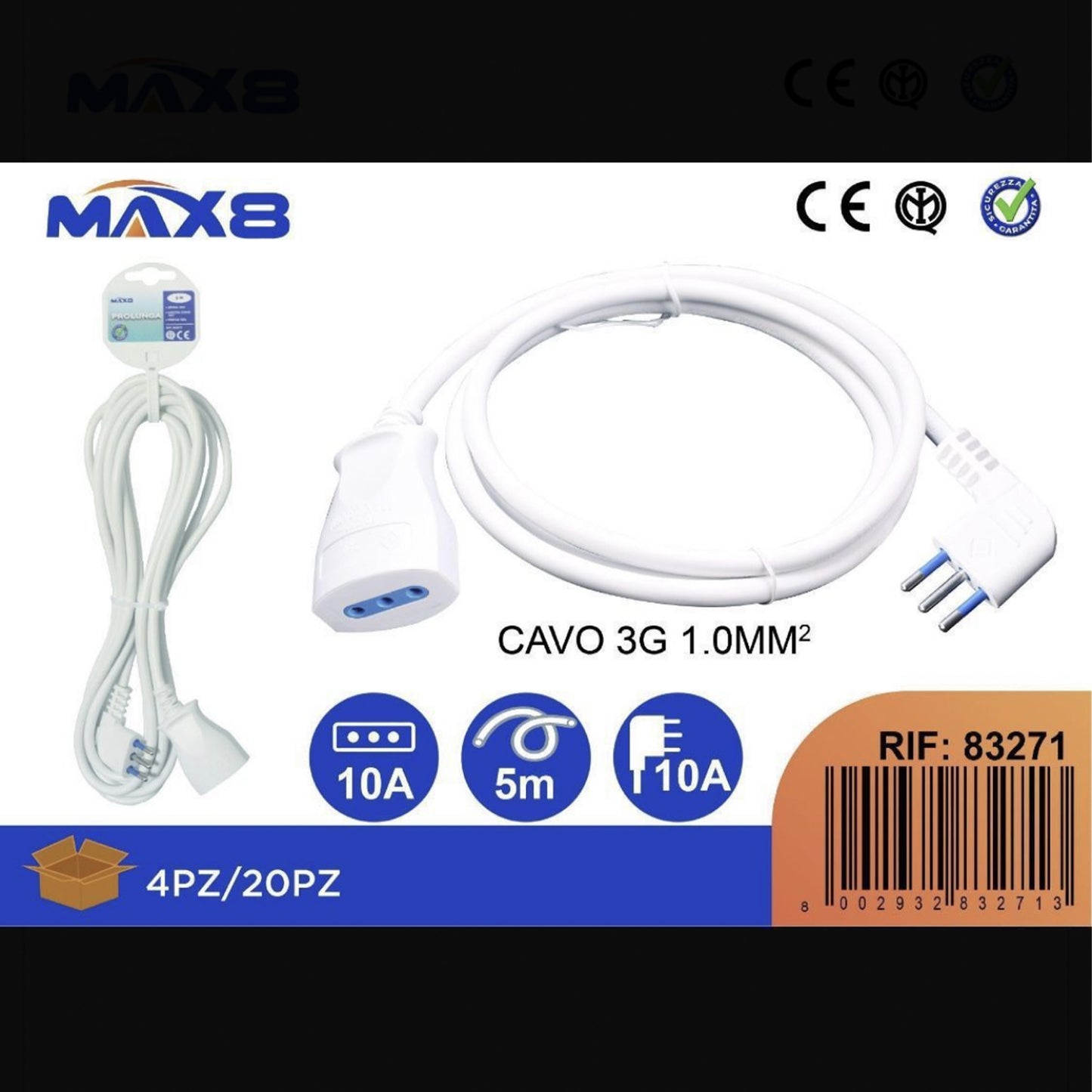 2 Pezzi Cavo di Prolunga Lineare 5 m 10A Bianco, Spina 2P+T e Presa 2P+T, Cavo H05VV-F 3G 1.0 mm², Uso Domestico e Ufficio– RIF 83271