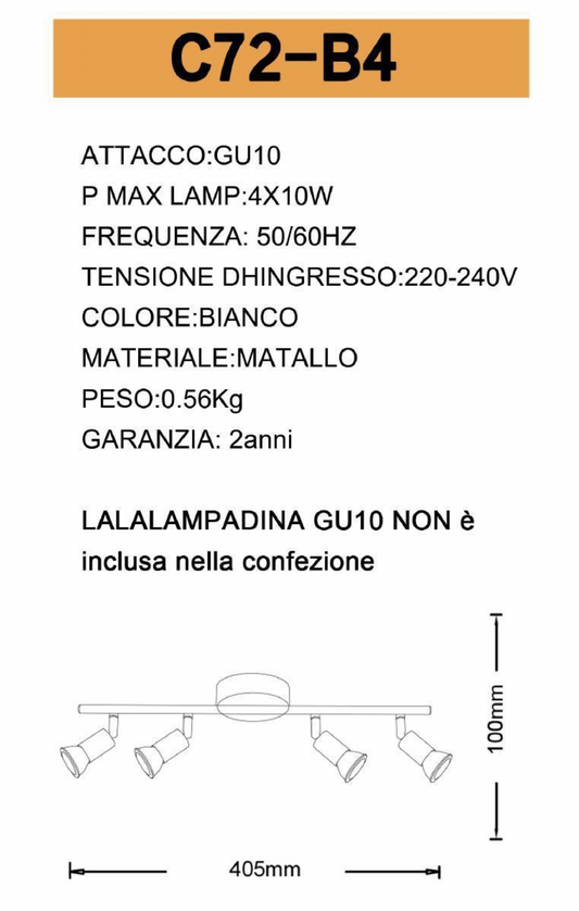 TEKHOME Faretta 4 Luci GU10, Plafoniera a Soffitto con 4 Teste Orientabili, 220-240V, Bianco, Ø405mm, Materiale Metallo, per Interni (Lampadine Non Incluse) C72-B4