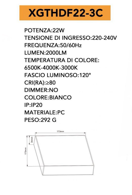 TEKHOME Pannello LED Quadrato 22W, 3000K-6500K CCT, Luce a Tre Colori, Plafoniera LED da Soffitto, Bianco, XGTHDF22-3C