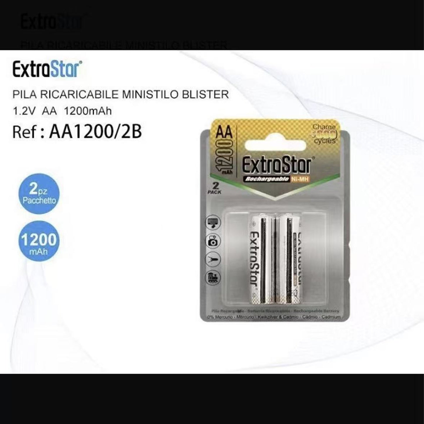 Batterie Ricaricabili AA 1200mAh 1.2V Ni-MH – Pile Stilo per Telecomandi, Mouse, Tastiere e Giocattoli – 12 Pezzi (6 Confezioni da 2) – AA1200-2B