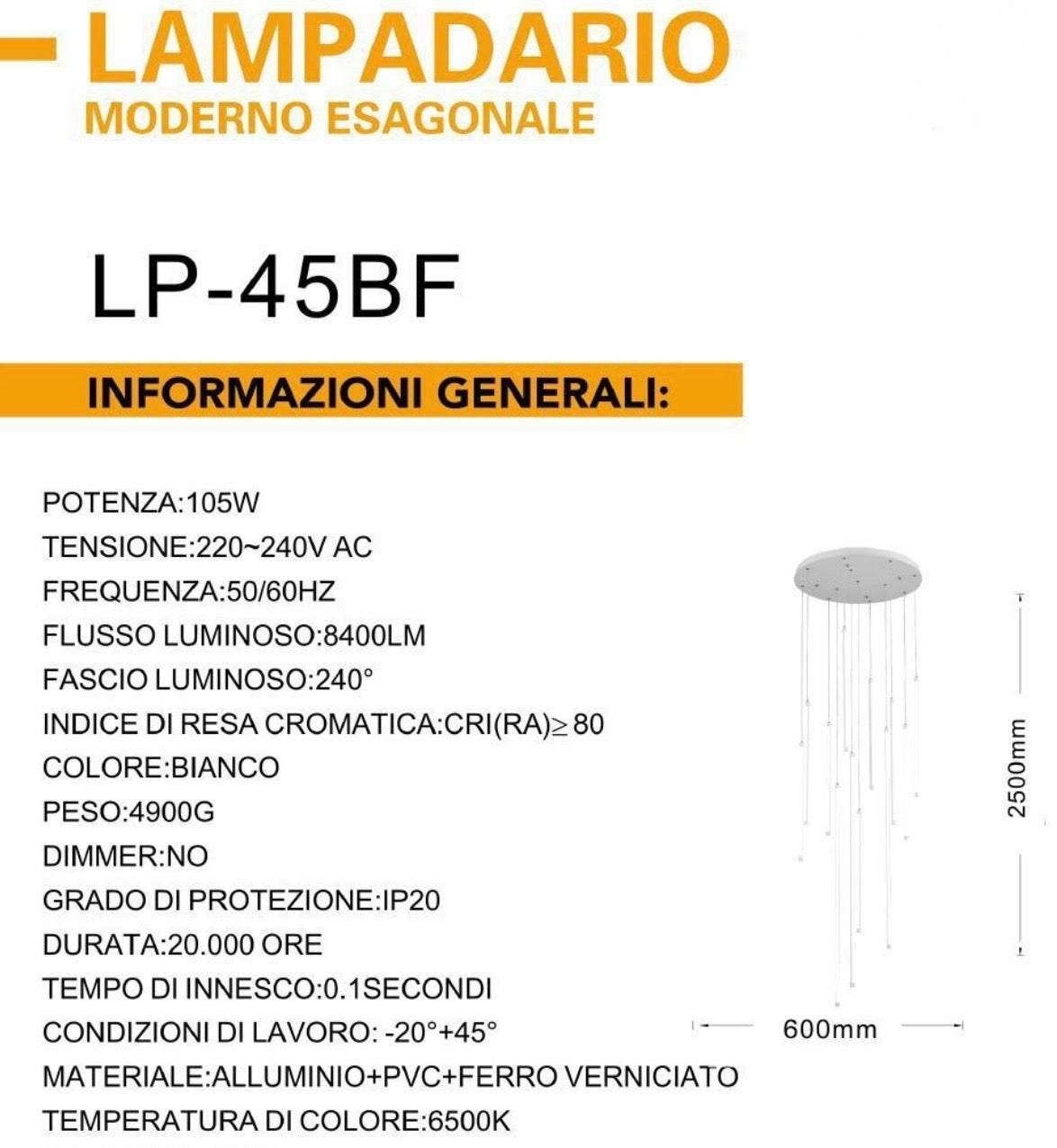 Lampadario Cascata moderno 105w bianco/nero LP-45