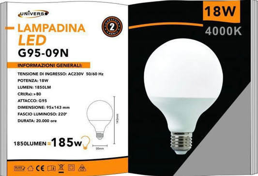 Lampadine LED E27 G95 18W 5 Pezzi, 1850LM, Naturale 4000K, Globo Grande Ø95 mm, Risparmio Energetico, CRI>80, Accensione Istantanea, Serie G95-09