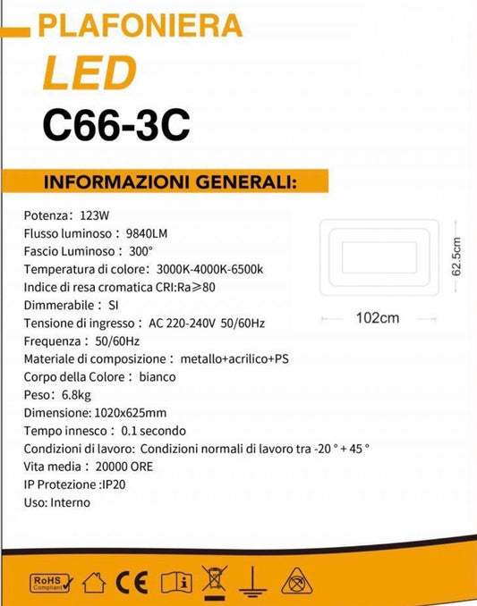 TEKHOME Plafoniera LED Rettangolare 123W, 9.840 lm, 3000K–4000K–6500K, Dimmerabile, CRI>80, Fascio 300°, IP20, Bianco, 102×62,5 cm, Modello C66-3C
