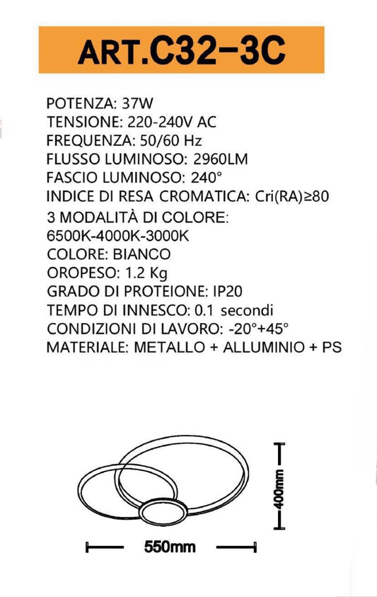 TEKHOME Lampada da Soffitto LED Rotonda 37W, 2960LM, 3 Temperature di Colore Selezionabili, CRI≥80, IP20, Moderna, per Camera, Cucina, Corridoio, Bianco C32-3C